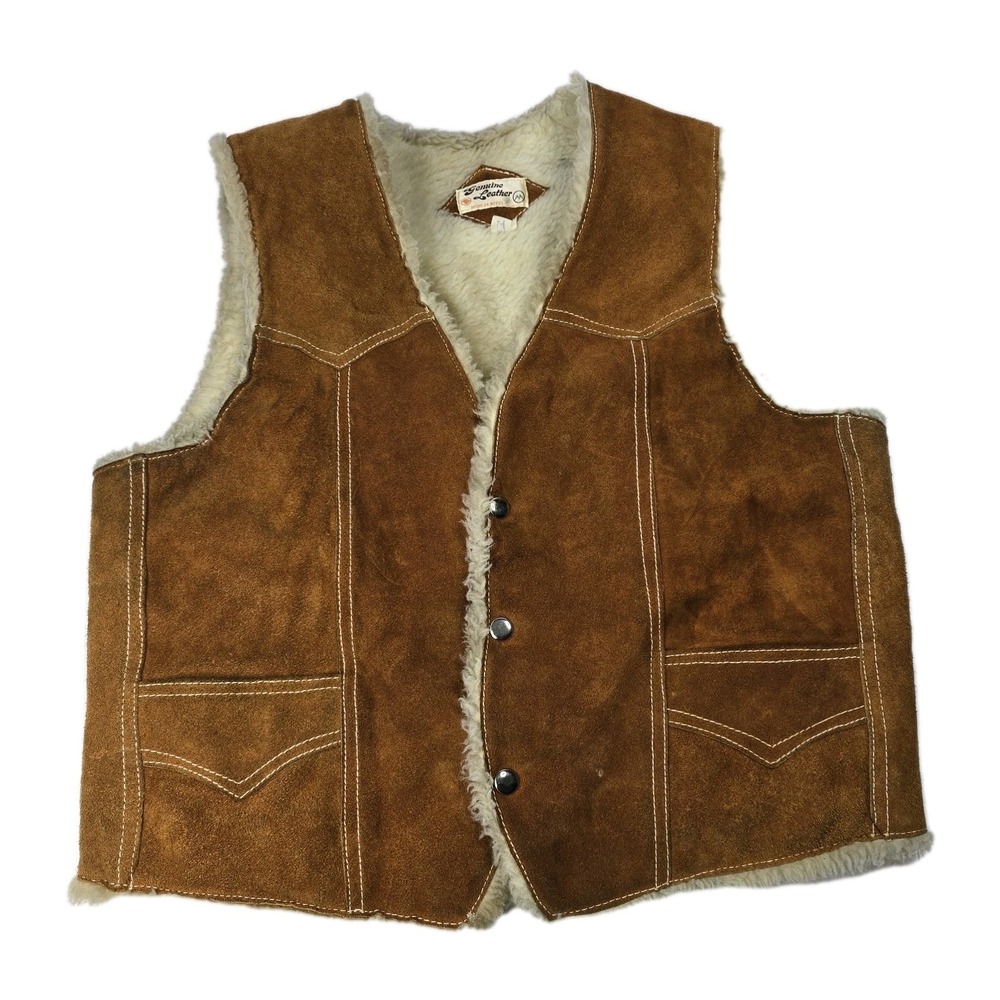 Suede Genuine‎ Leather Vest Shearling Lining - Size M Vintage Vtg Mexican Mexico